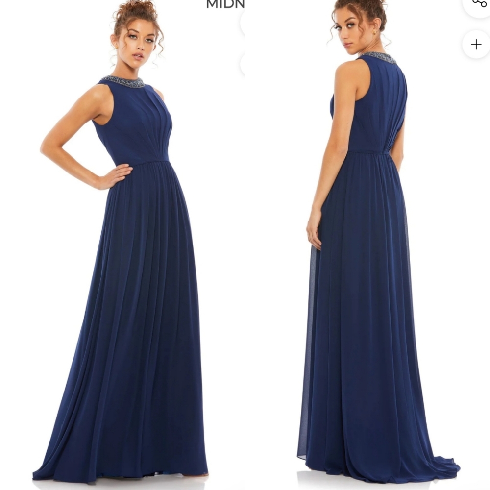 Mac Duggal | Navy Bejeweled Neckline Pleated Chifgon Gown NWT